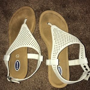 Tan sandals with white straps and .5 inch wedge!